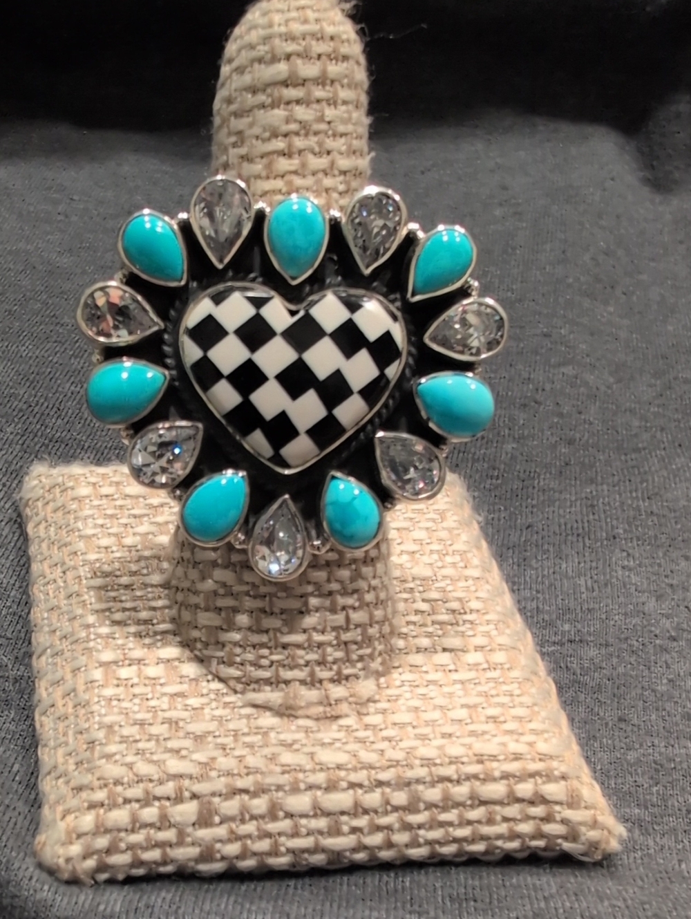 Turquoise And Crystal Teardrops & Black-White Check Heart Statement Ring